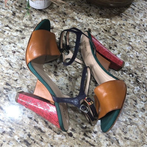 Fendi Olive Faille Color Block Ankle Strap Sandals - Picture 4 of 13